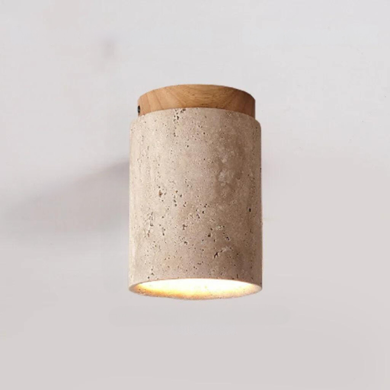 Moderne væglampe i beton og træ, cylinderformet design, minimalistisk stil, indendørs belysning, skandinavisk interiør, energibesparende LED.