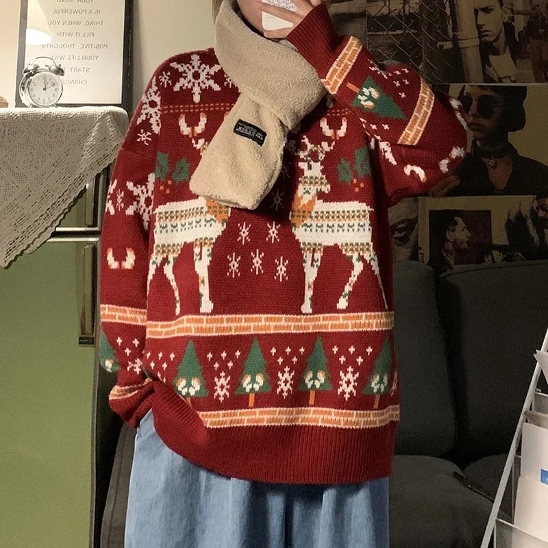 Unisex-julesweater med elgmotiv – Strikket trøje med lange ærmer