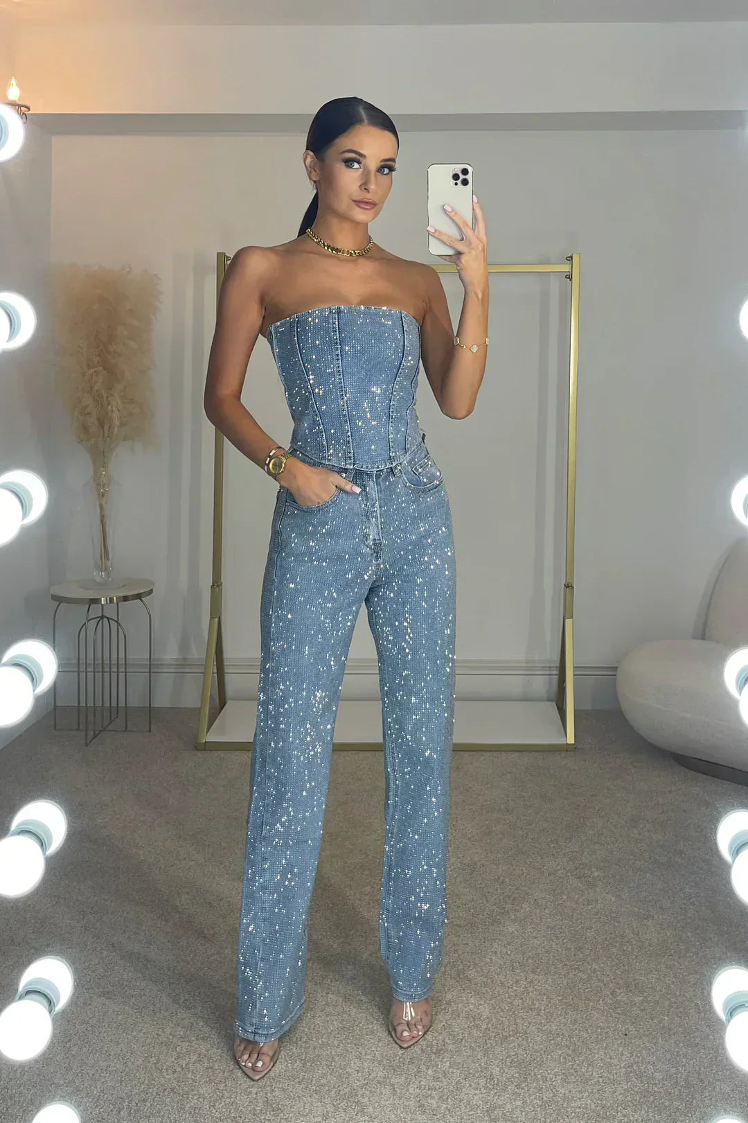 Strapless festive pantsuit with sparkling details