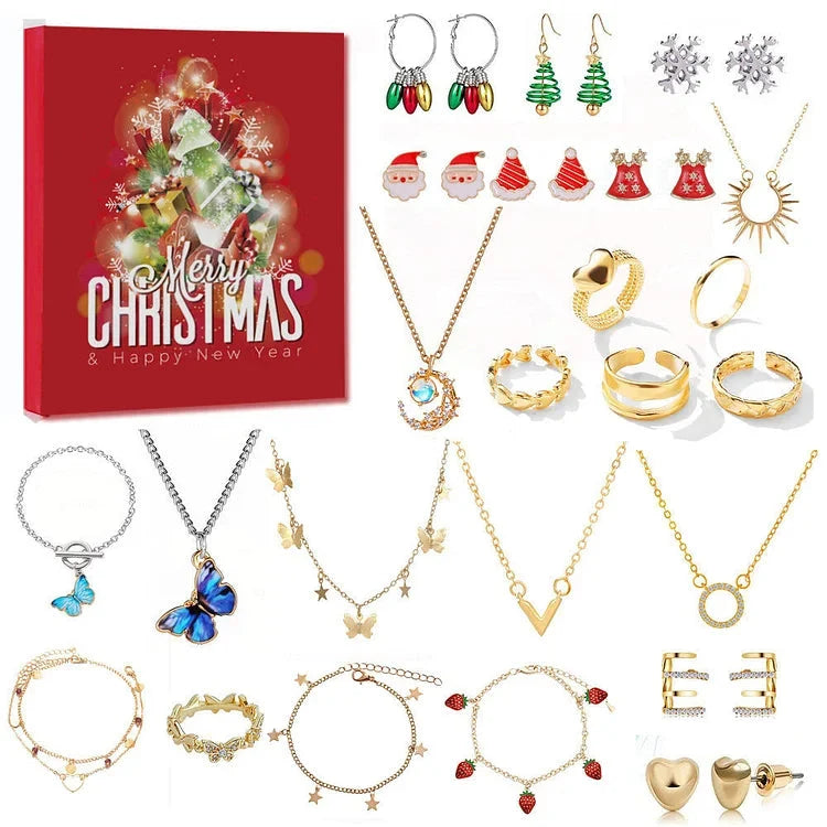 Calendario dell’Avvento con gioielli e 24 pezzi - collane, bracciali e orecchini con finitura dorata e argentata - regalo per il conto alla rovescia fino a Natale