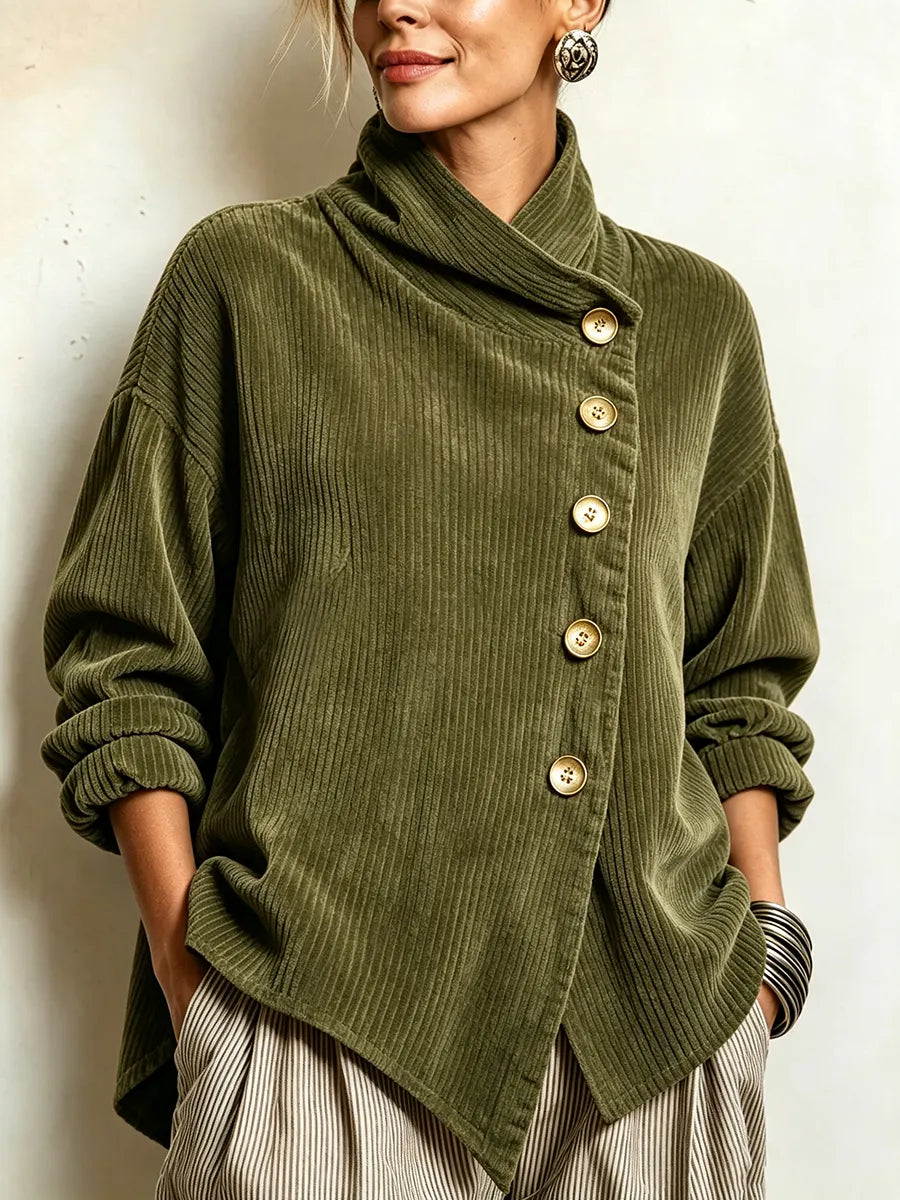 Elegant asymmetrical velvet top with a high neck