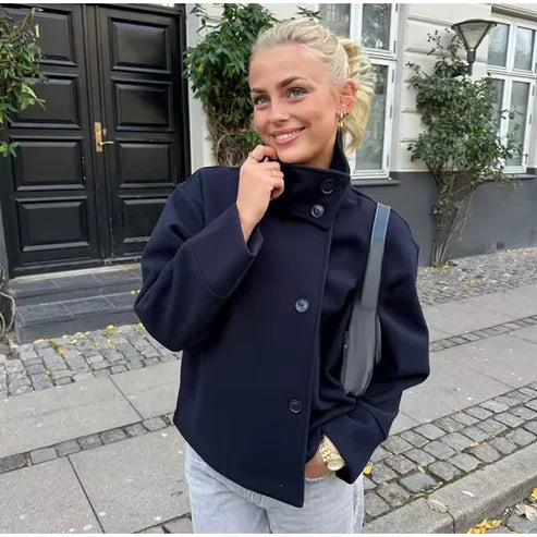 Elegant double-breasted short coat for women - Modern transitional jacket