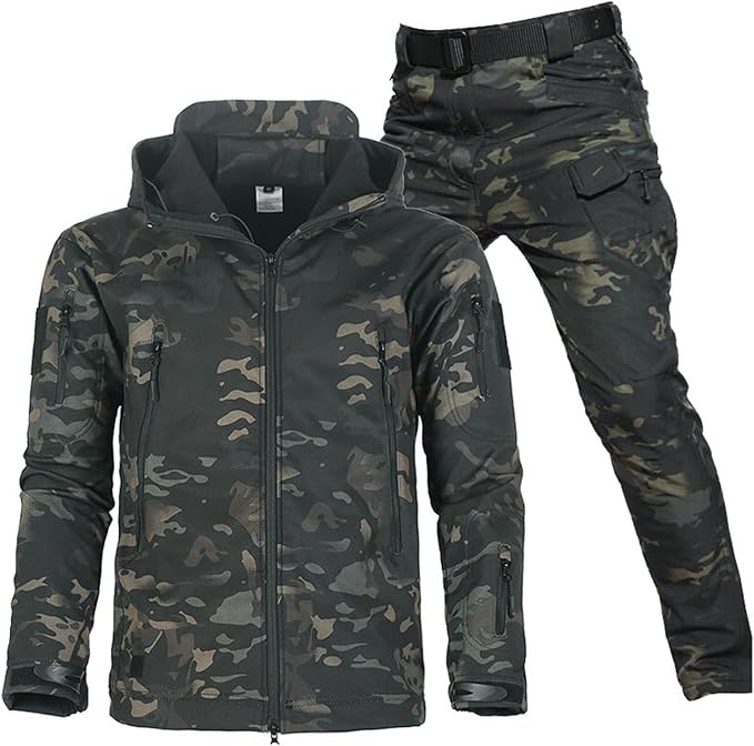 Camouflage jakke og bukser sæt til mænd, militær stil, vandtæt og vindtæt, ideel til udendørs aktiviteter som jagt og vandreture.