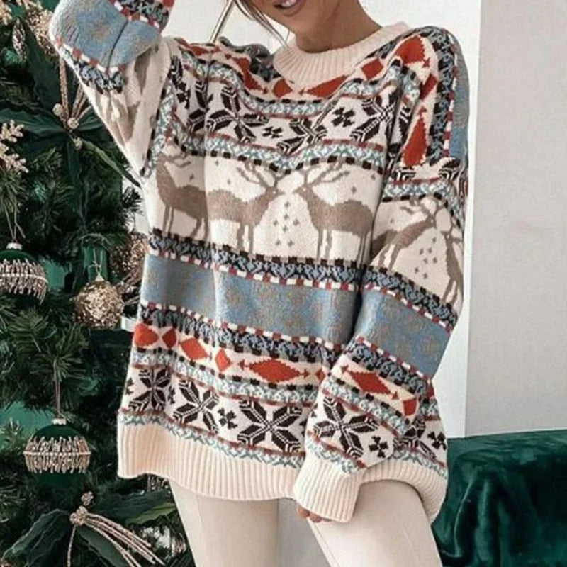 Oversized sveter pre ženy - hrubý pletený pulóver s geometrickým severským vzorom v štýle Y2K