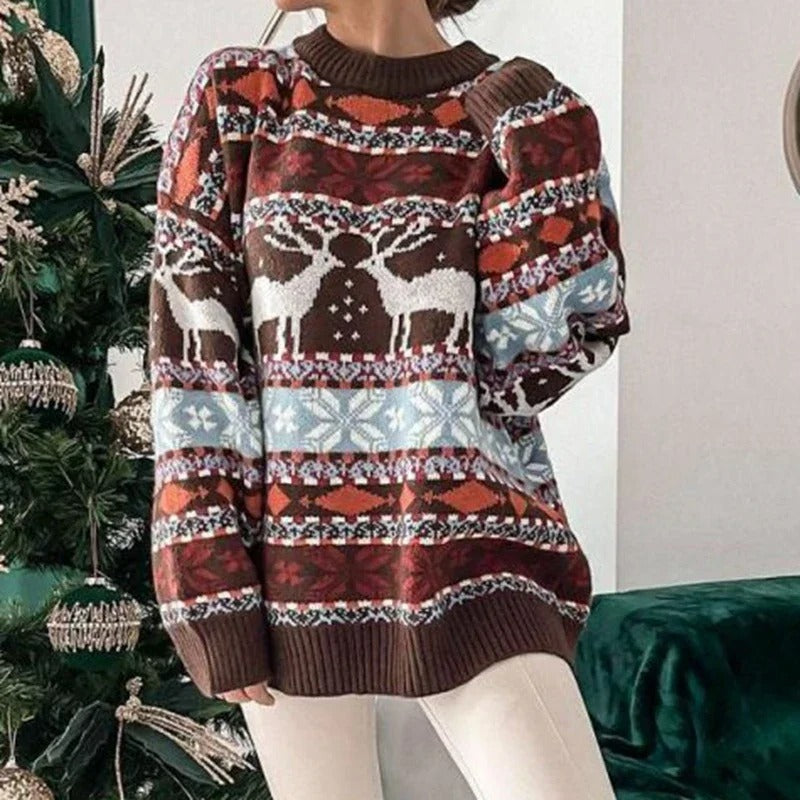 Oversized sveter pre ženy - hrubý pletený pulóver s geometrickým severským vzorom v štýle Y2K