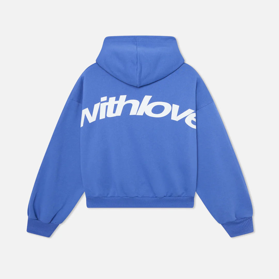 Blå hættetrøje med hvid »withlove«-tekst på ryggen, unisex-design, moderne streetwear, behagelig pasform, populær mode, afslappet stil.