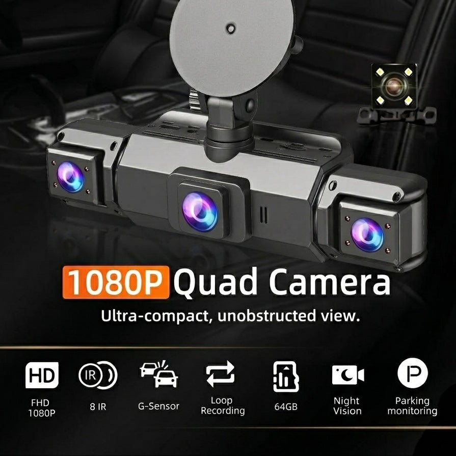 Trådløst Dashcam-system med 4 kameraer | 1920P Front | 720P Side & Bag | Nattesyn | WiFi | 64GB