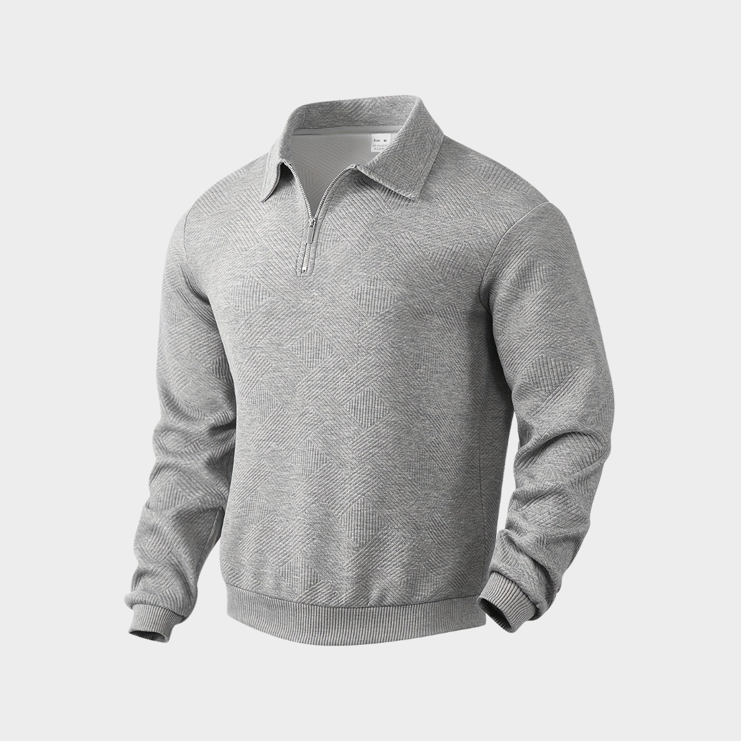 Grå herresweater med lynlås, mønstret design, langærmet, stilfuld og moderne. Perfekt til efterår og vintermode. Komfortabelt og trendy valg.