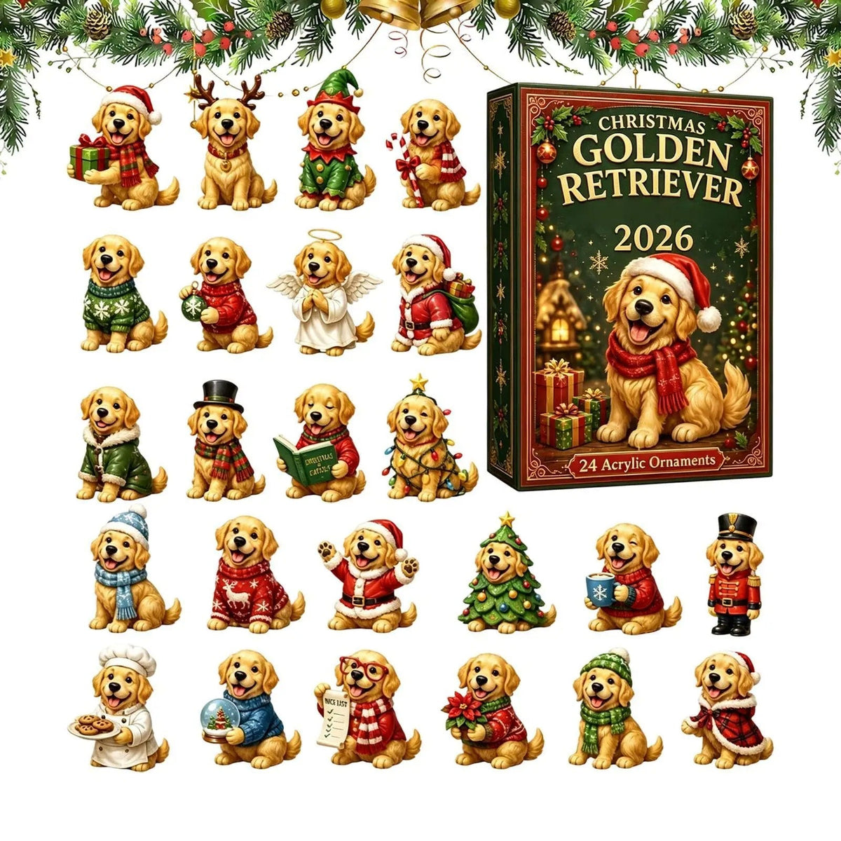 Calendario de Adviento 2026 – Adorno navideño 2D dulce con forma de golden retriever americano (cuenta atrás de 24 días)