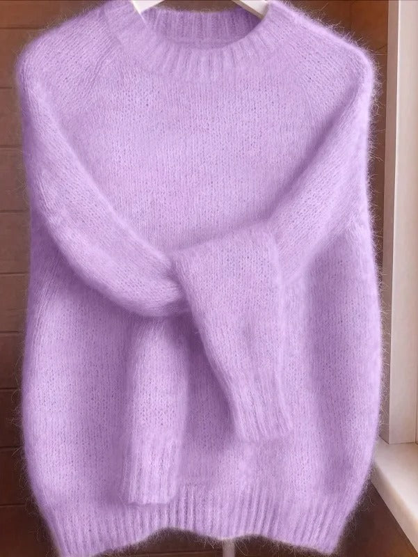 Pull doux en maille mélangée mohair pour femme - Pull à col rond et à la coupe décontractée