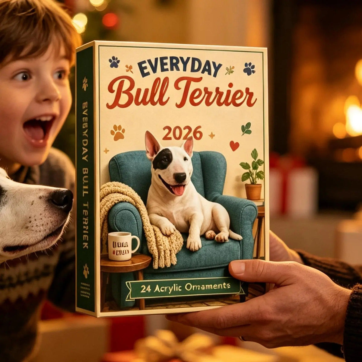 Bull Terrier Advent Calendar 2026, 24 days, flat acrylic dog figure, Christmas decoration for counting down, gift for children, families, and animal lovers