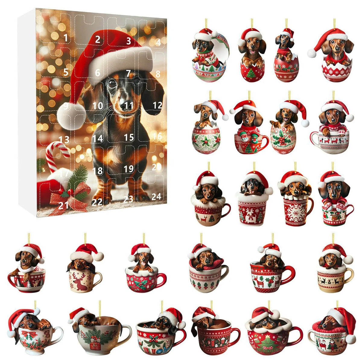 Calendario dell’Avvento con 24 caselle per il Natale 2026 – figura piatta in acrilico (2D) di un bassotto da appendere all’albero di Natale