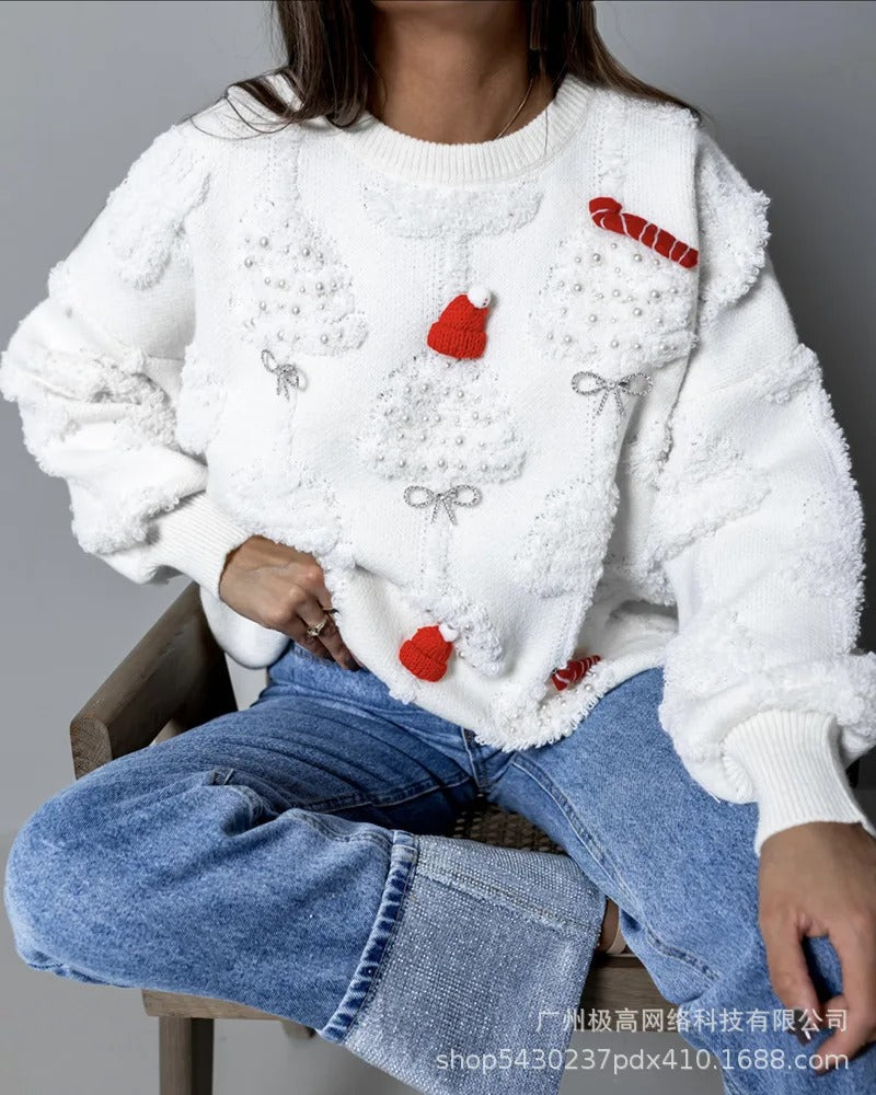 Strikket julesweater til kvinder – løstsiddende pullover med rund hals og lanterneærmer