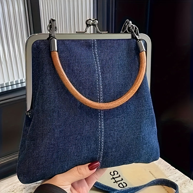 Blå denimtaske med ramme til kvinder | Brunt buet håndtag