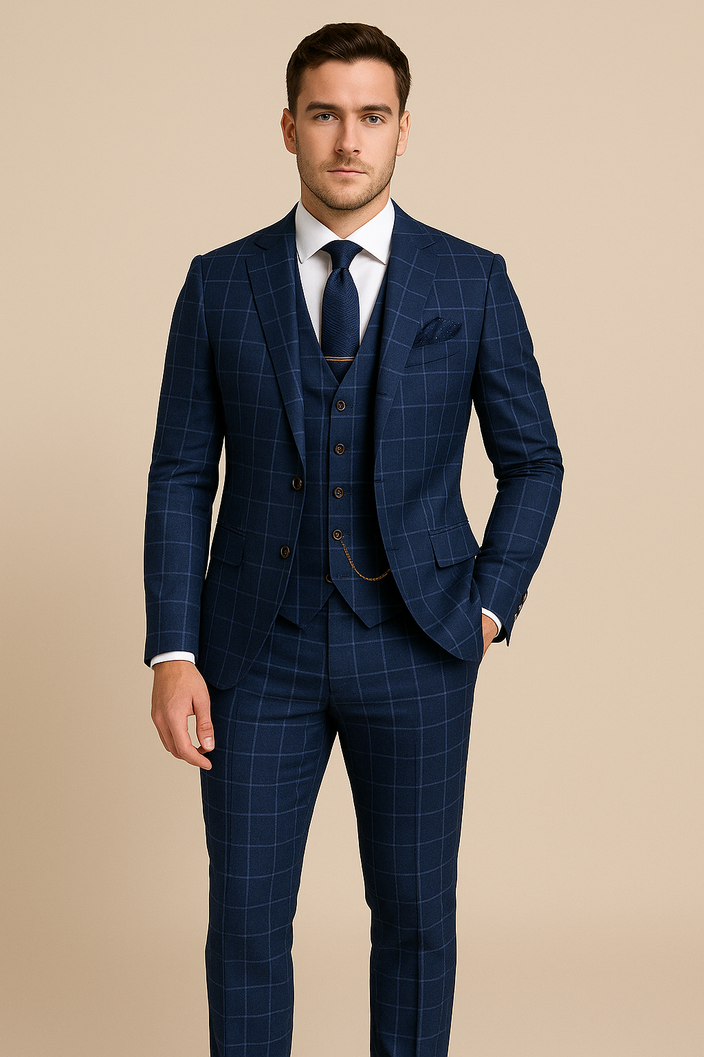 Mand i mørkeblåt, ternet jakkesæt med vest og slips, poserer mod beige baggrund. Elegant herremode, klassisk stil, formelt tøj.