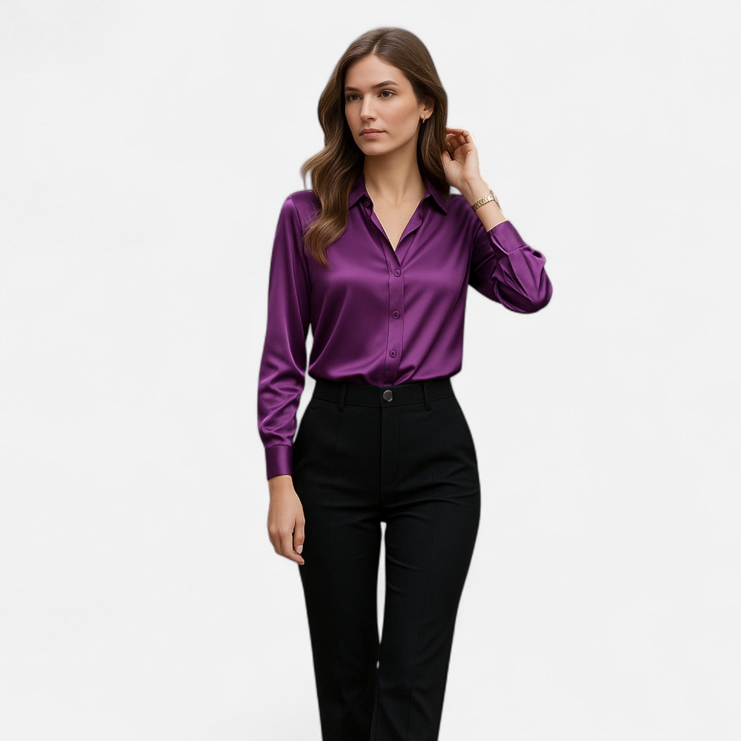 Blusa de satén negra para mujer con mangas largas – elegancia atemporal, sofisticación moderna