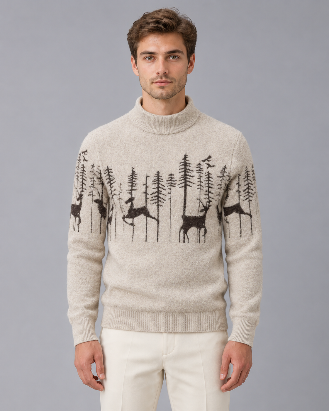 Soft knitted Christmas sweater for men | Festive reindeer mock-neck sweater | Brushed knit holiday sweater for men’s winter