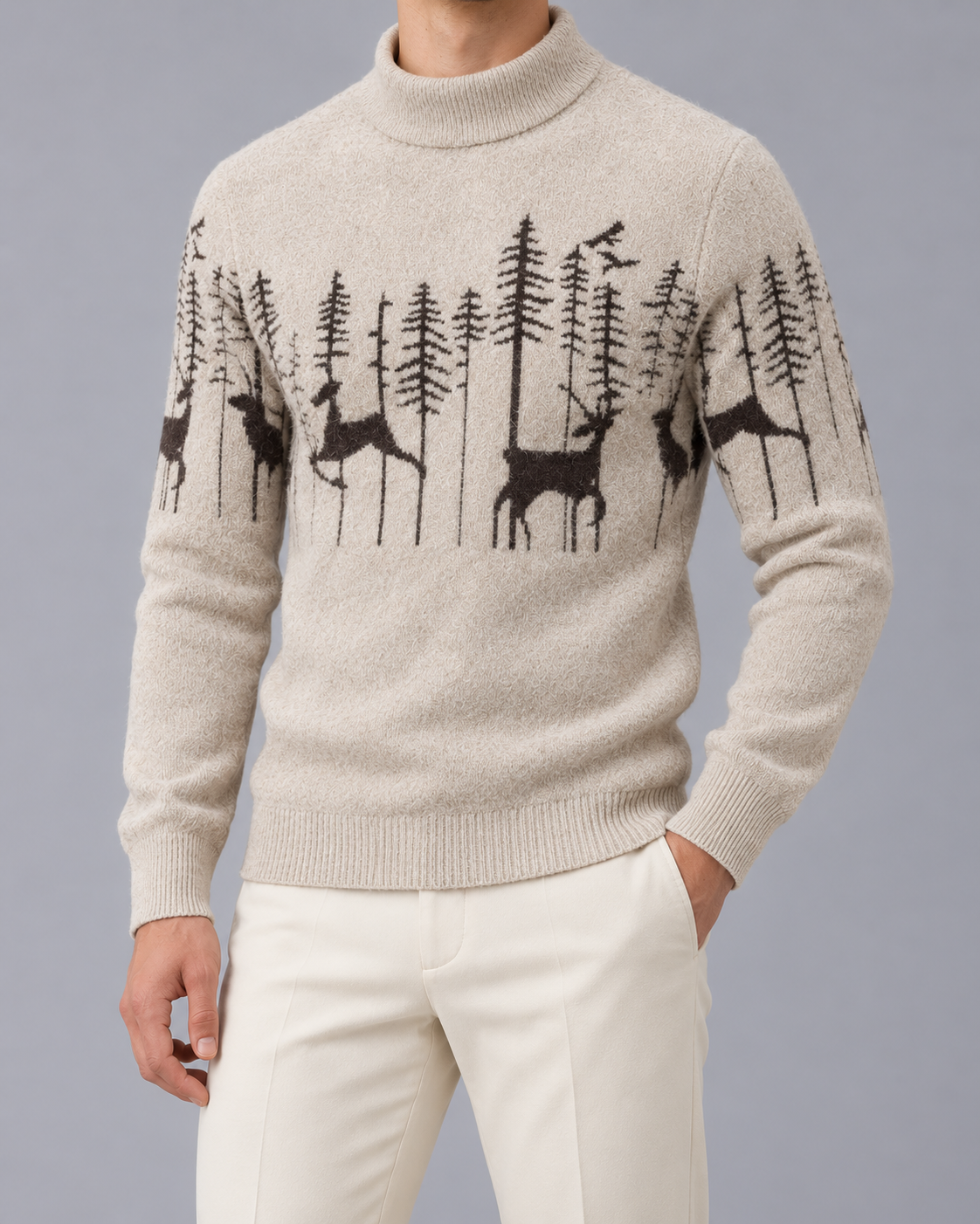 Soft knitted Christmas sweater for men | Festive reindeer mock-neck sweater | Brushed knit holiday sweater for men’s winter