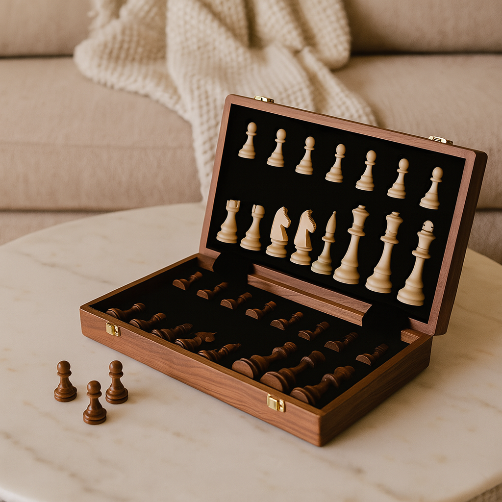 Åben skakæske i træ på marmor bord, med skakbrikker i træ. Perfekt til skakentusiaster og klassisk indretning. Elegant og funktionelt design.