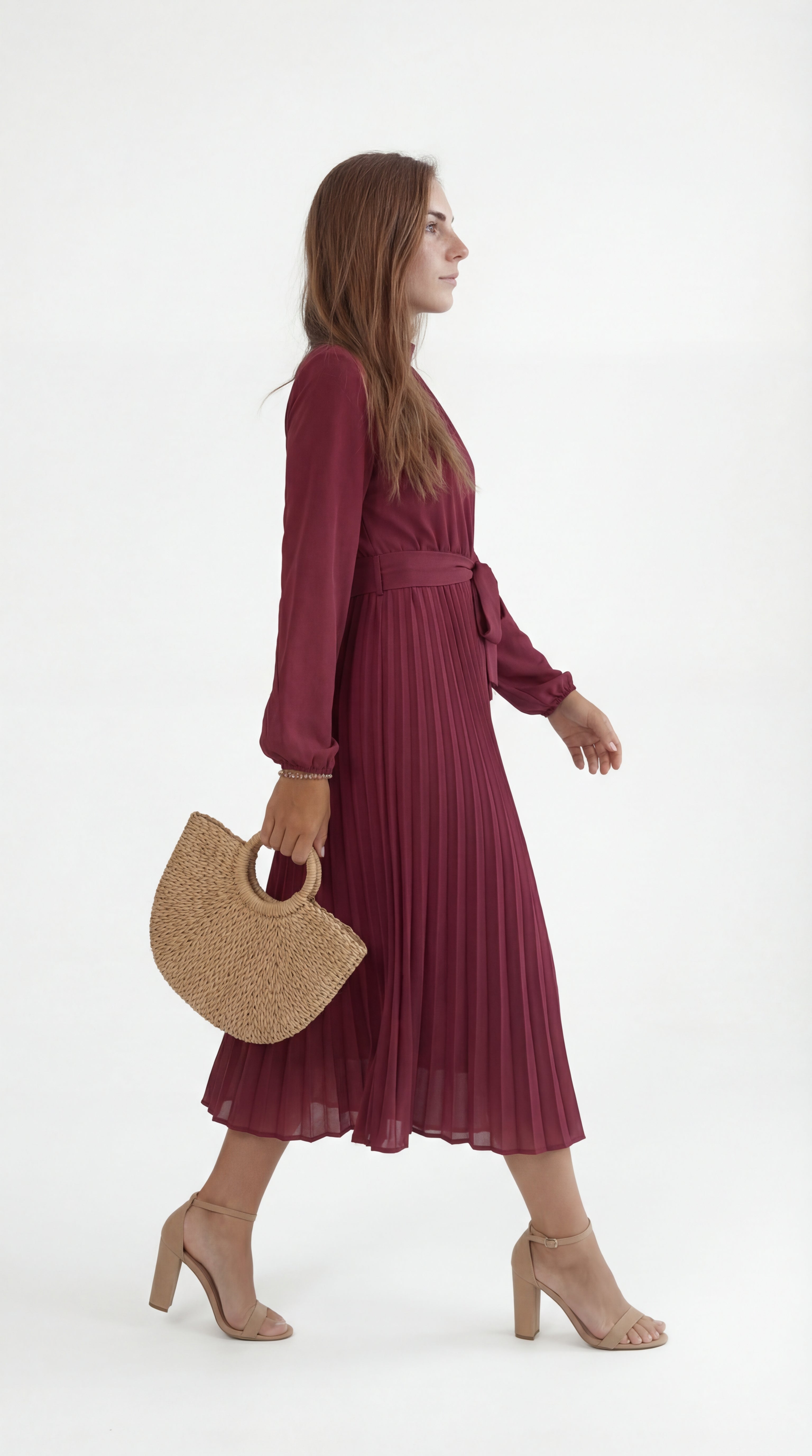 Rochie midi plisată pentru femei cu curea în talie