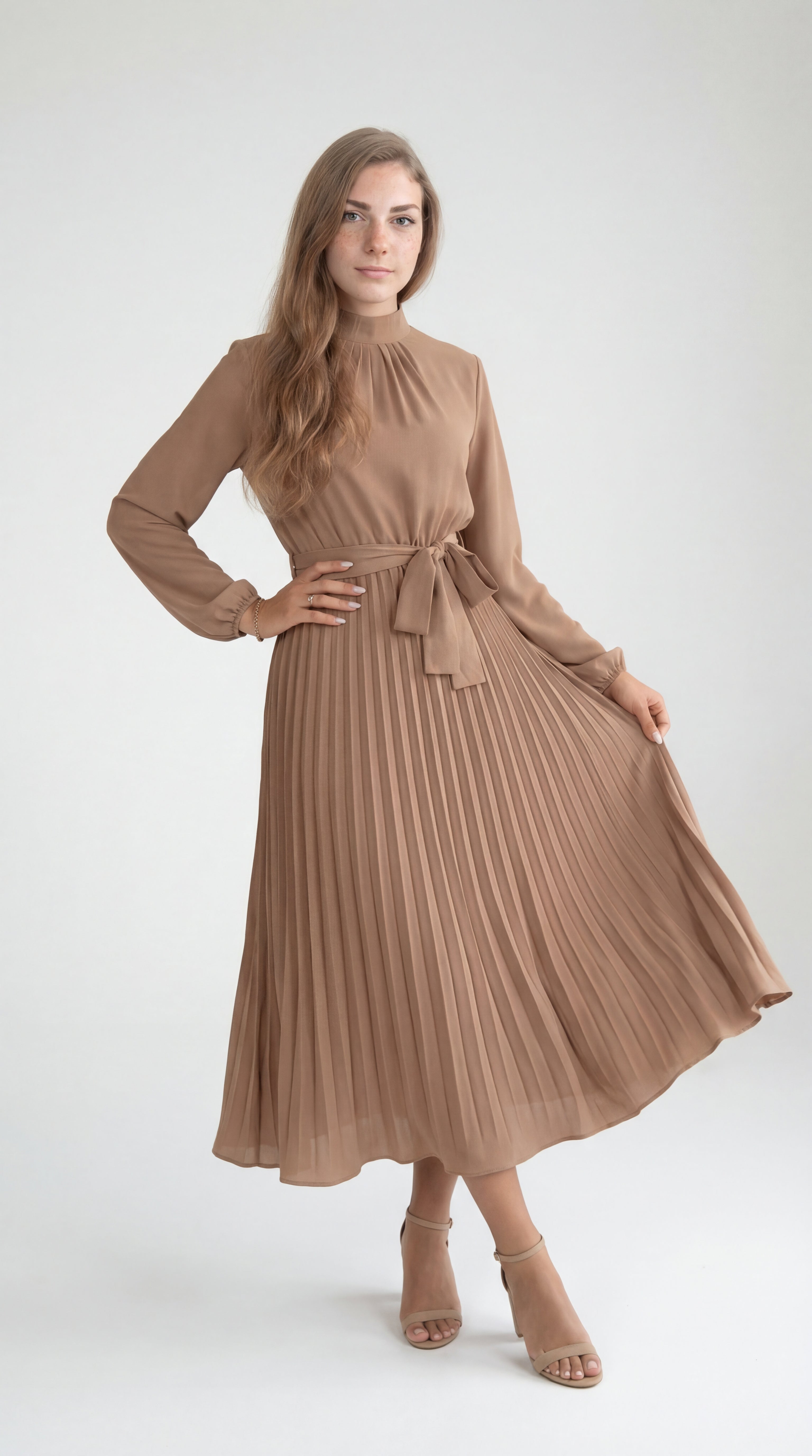 Rochie midi plisată pentru femei cu curea în talie