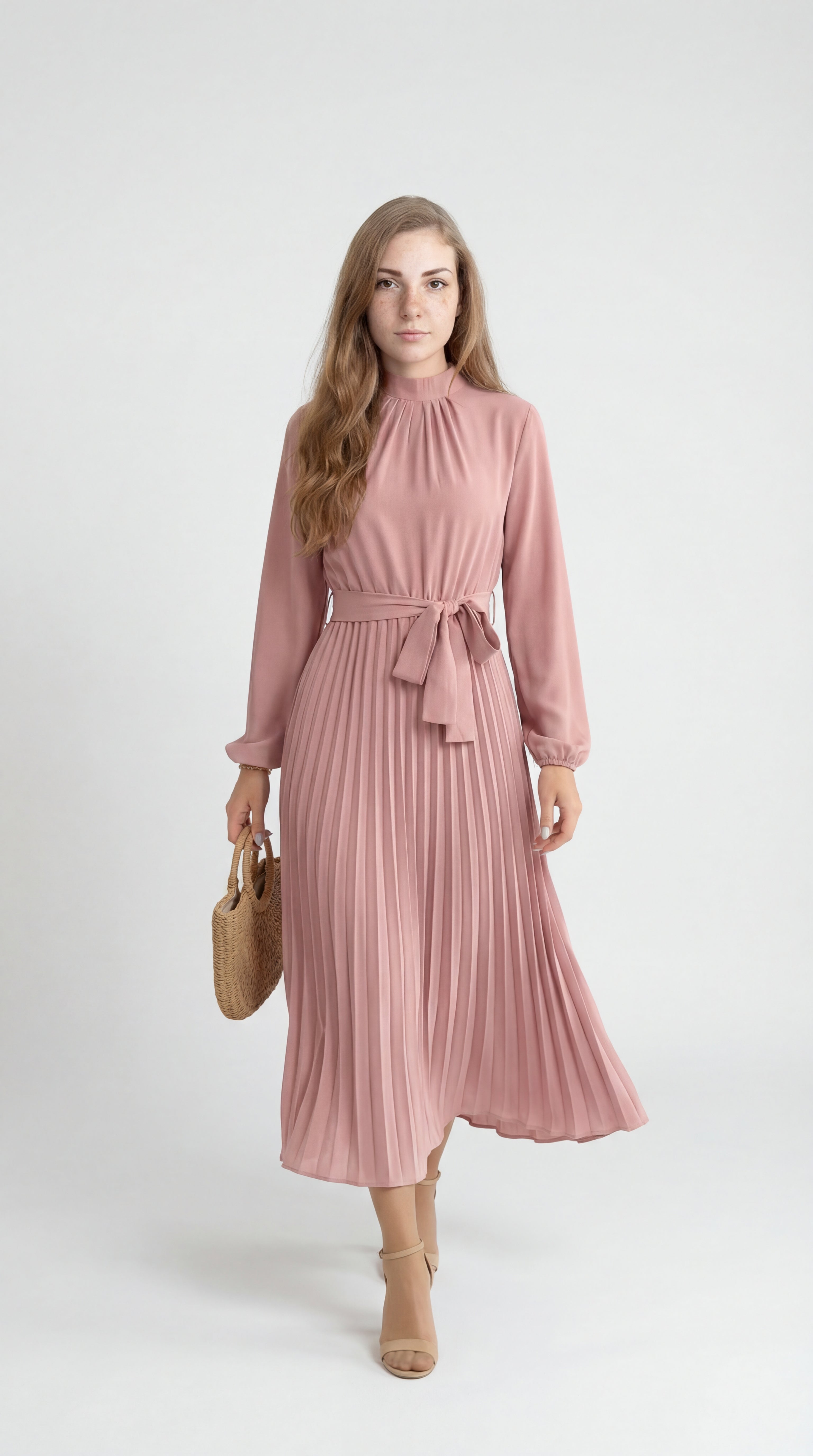 Rochie midi plisată pentru femei cu curea în talie