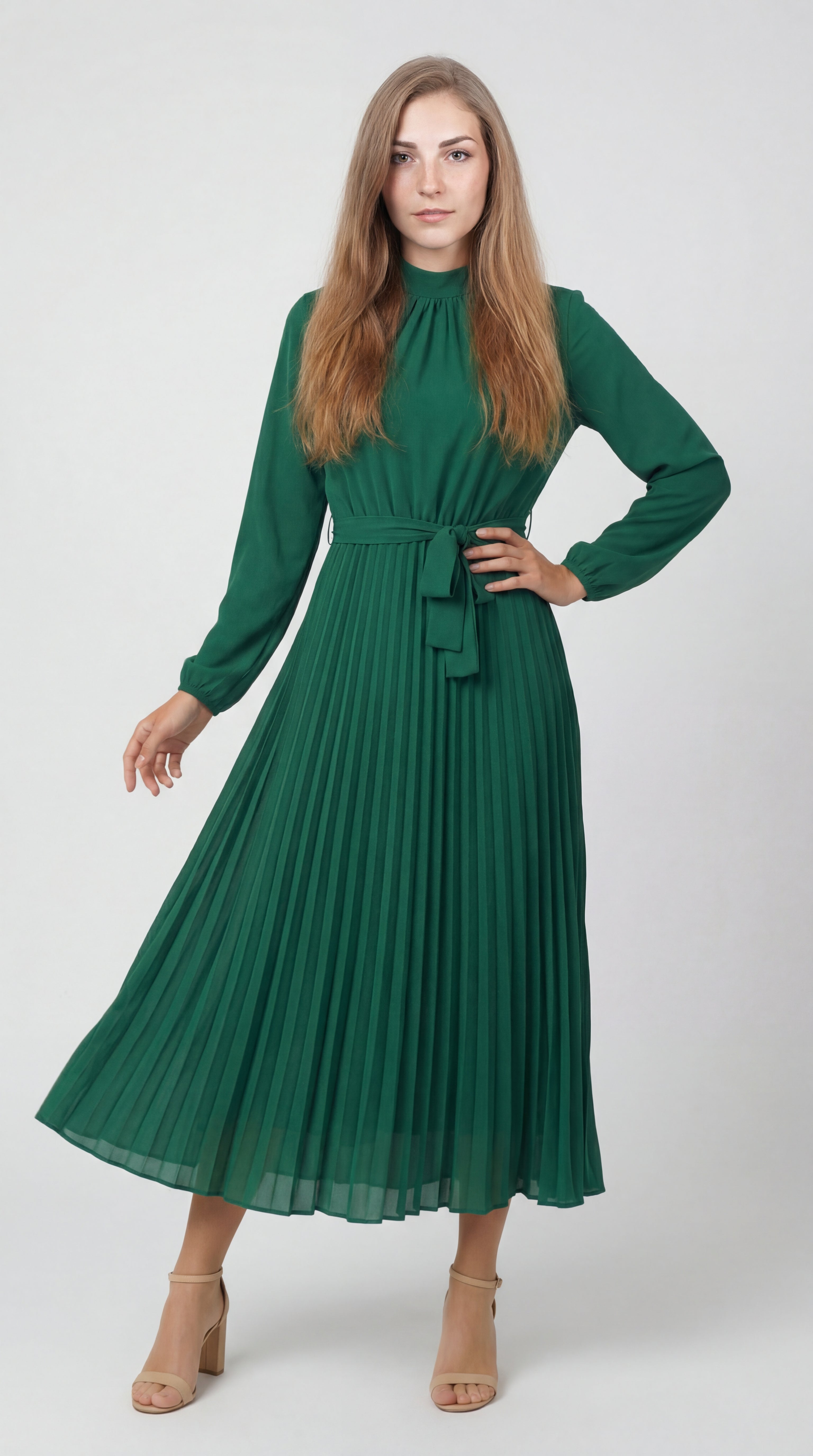 Rochie midi plisată pentru femei cu curea în talie