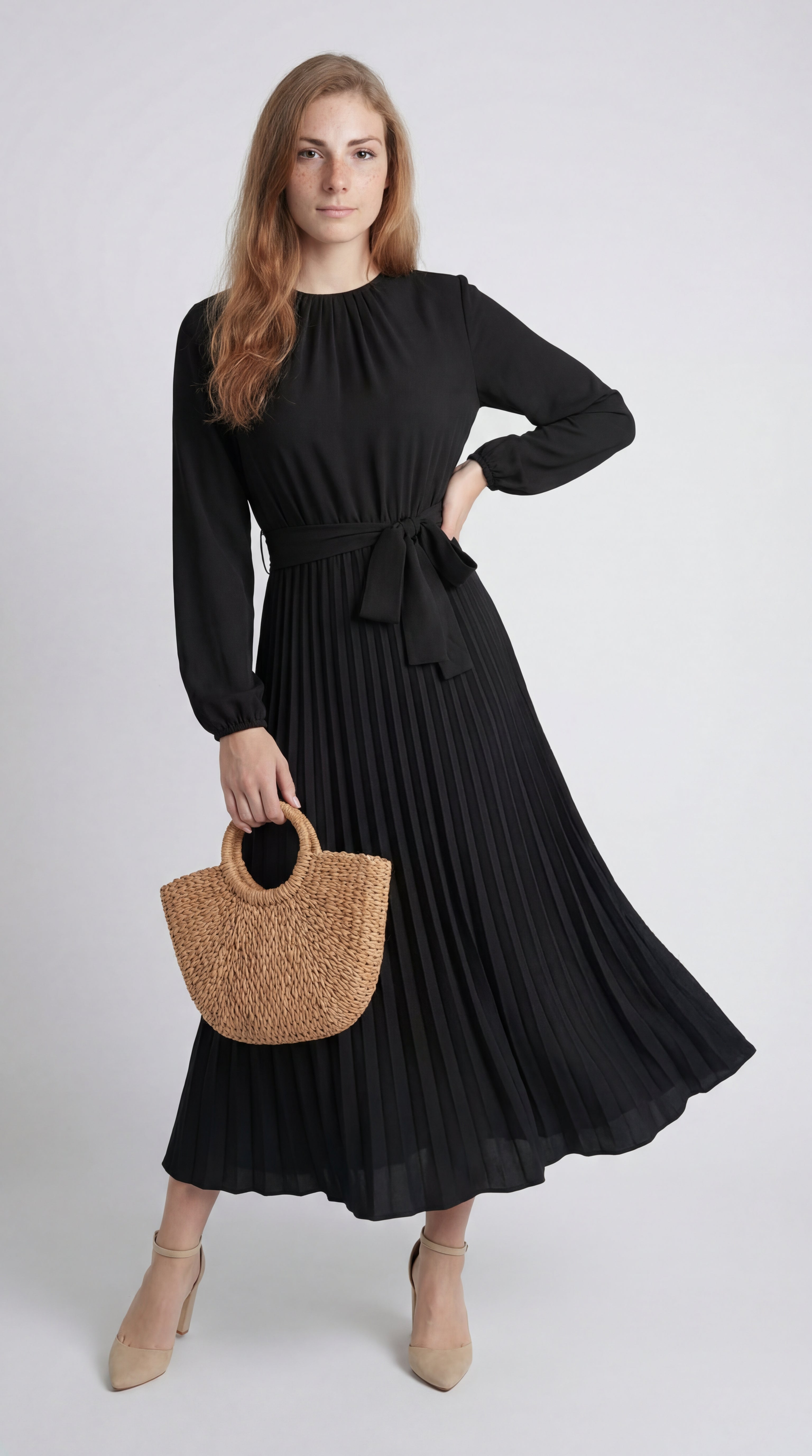 Rochie midi plisată pentru femei cu curea în talie