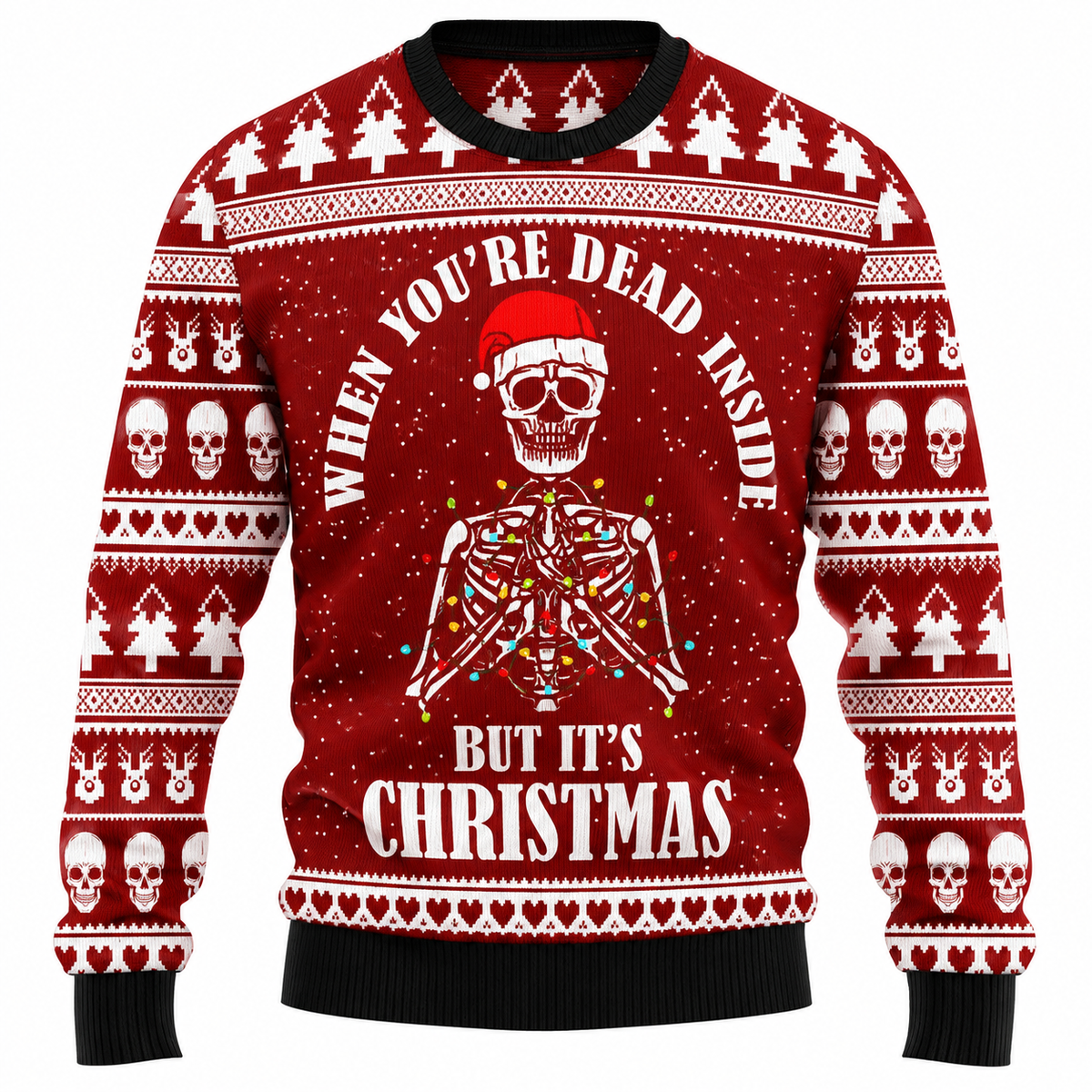 Camisola de Natal unissexo - camisola com motivo de árvore de Natal feita de caveiras, gorro de Pai Natal e flocos de neve