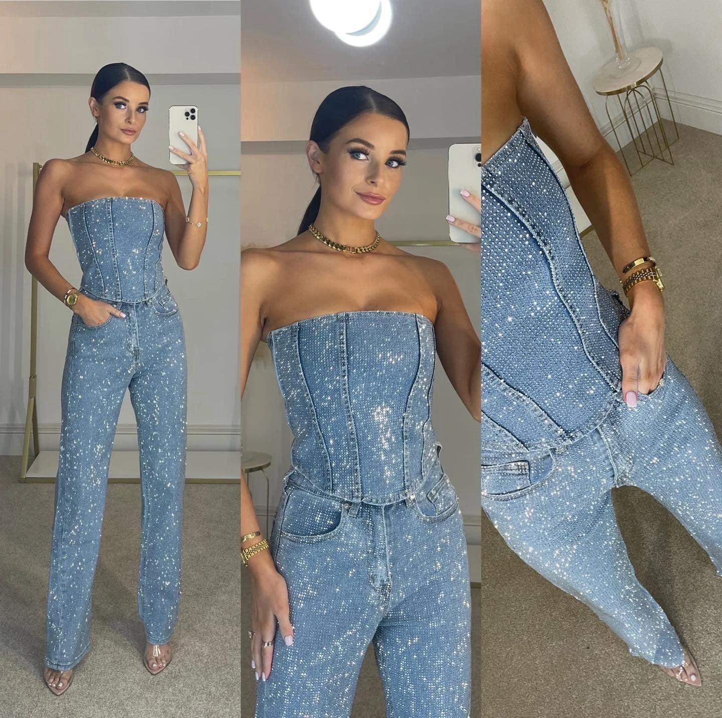 Strapless festive pantsuit with sparkling details