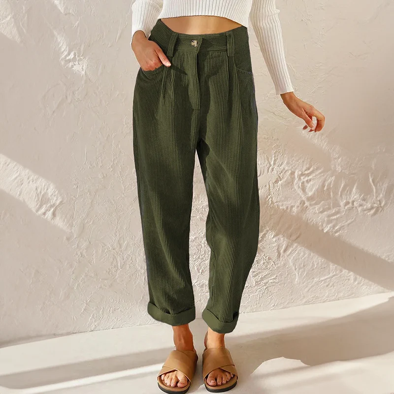 Calças de bombazina Lisette – confortáveis, de cintura subida e pernas largas, com um look descontraído