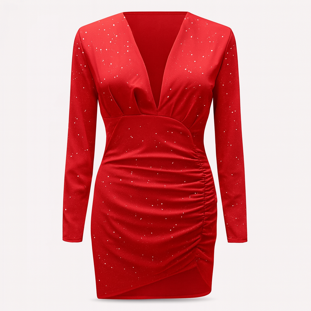 Red glitter dress | Long sleeves and asymmetrical hem