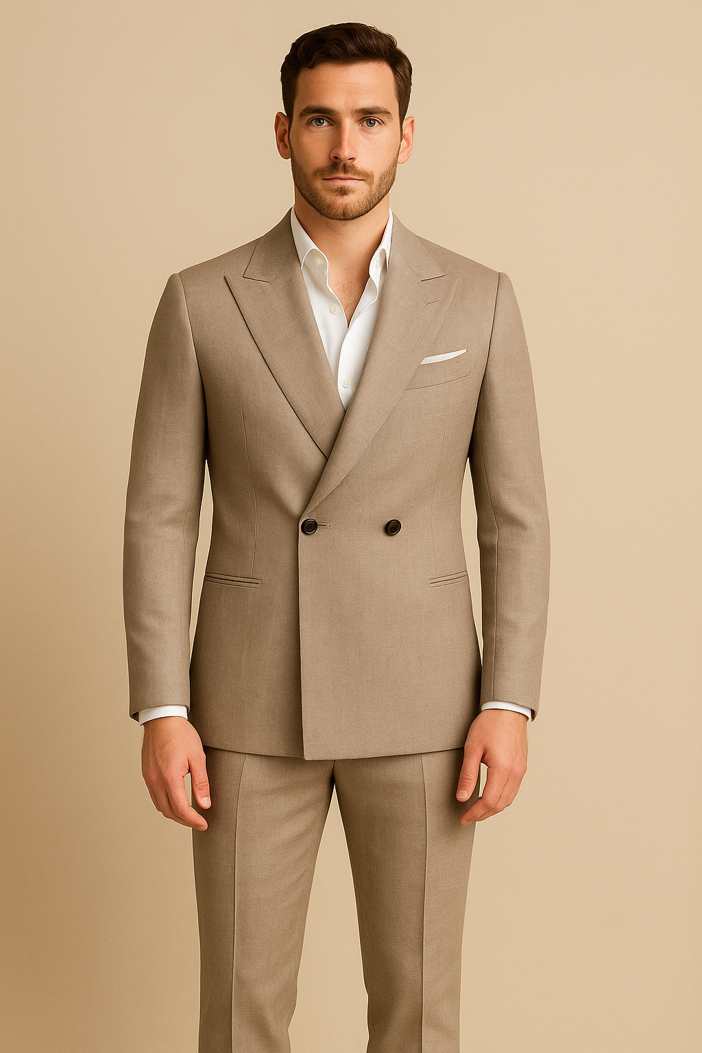 Mand i beige jakkesæt med hvid skjorte, poserer mod beige baggrund. Elegant herremode, klassisk stil, formelt tøj, moderne jakkesæt.