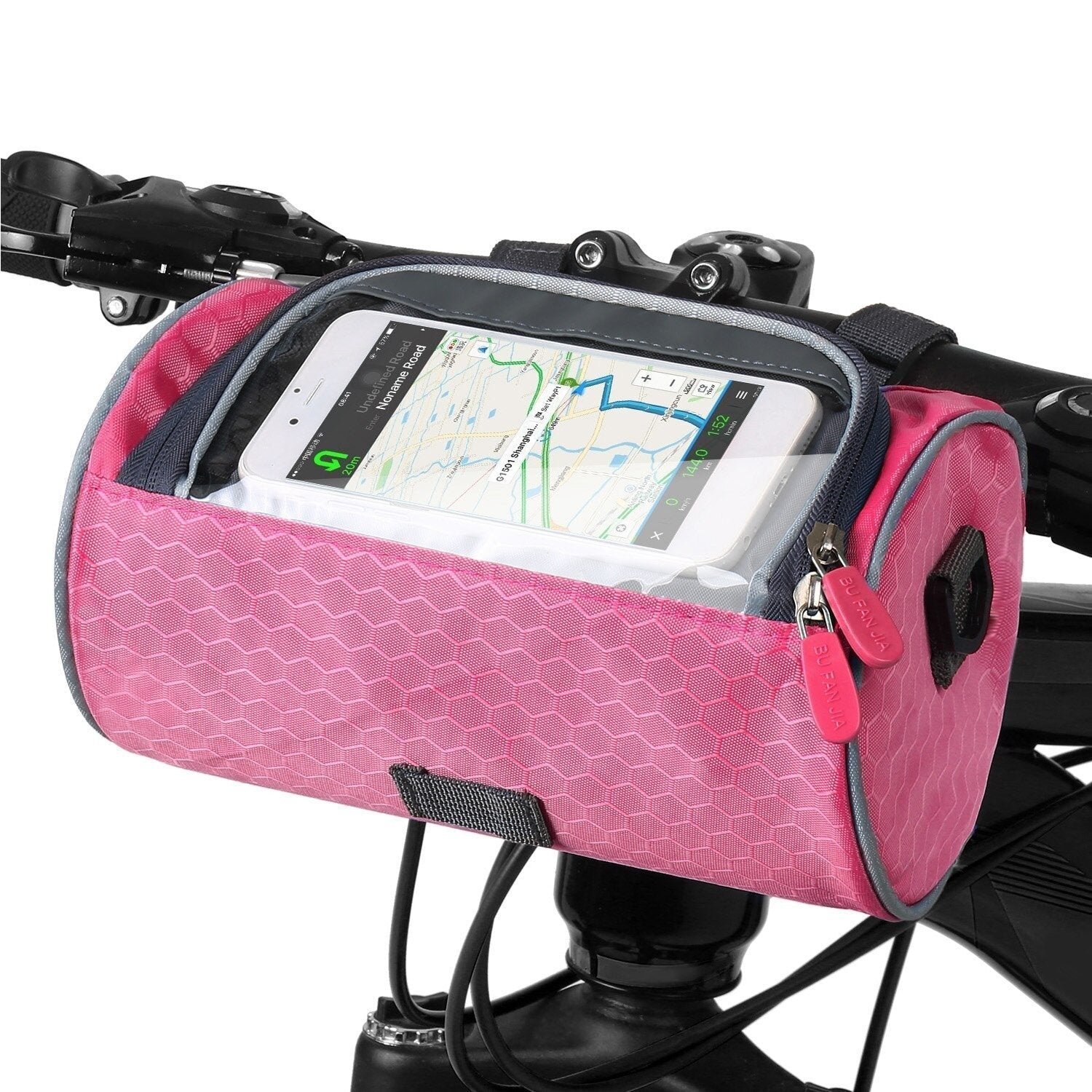 Pink cykeltaske med gennemsigtig lomme til smartphone, monteret på cykelstyr. Ideel til navigation og opbevaring under cykelture.