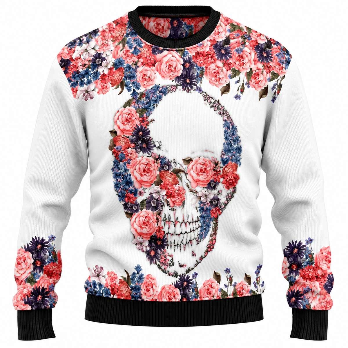 Camisola de Natal unissexo - camisola com motivo de árvore de Natal feita de caveiras, gorro de Pai Natal e flocos de neve