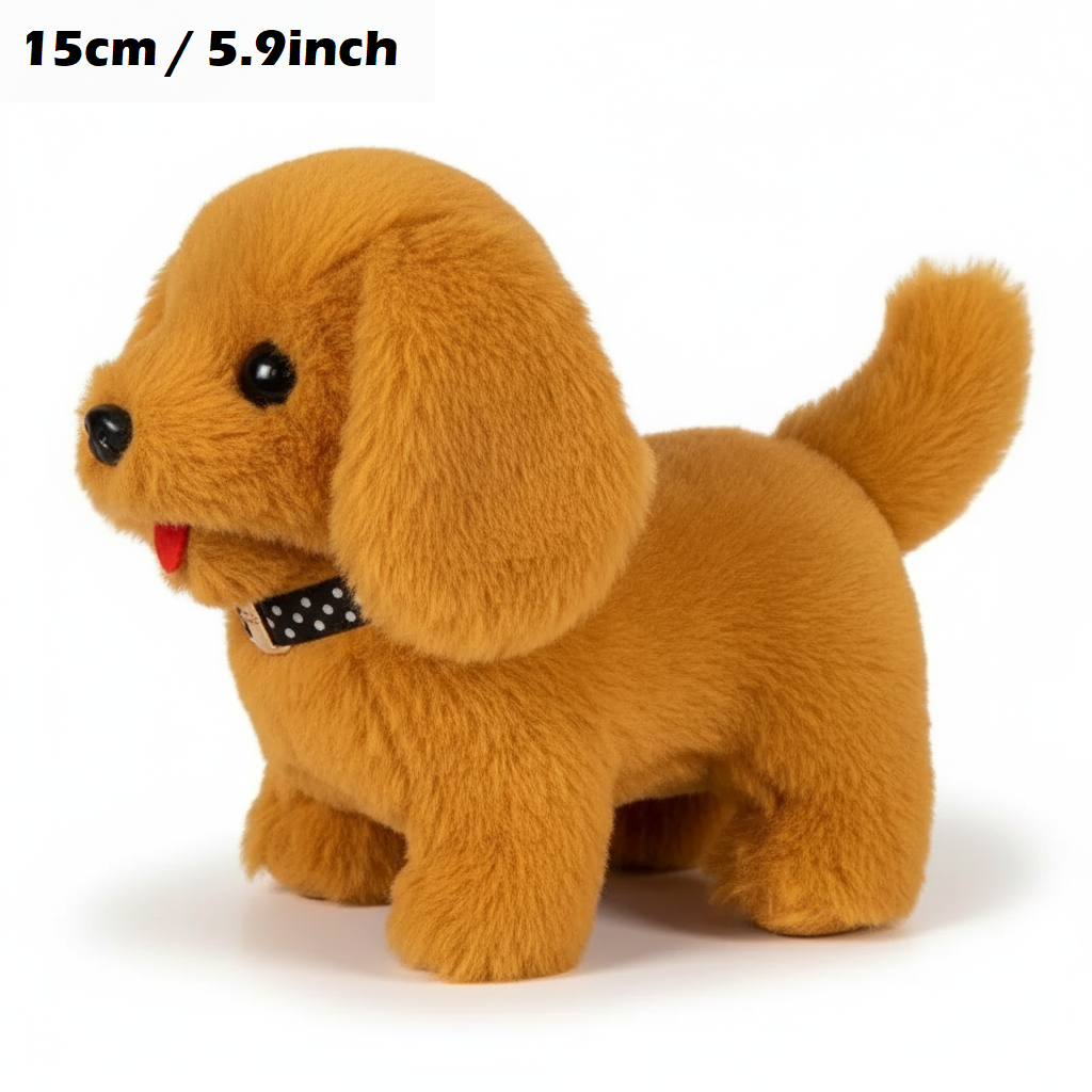 Brun plys hundelegetøj med sort prikket halsbånd, 15 cm høj. Perfekt til børn og kæledyr. Blød og sød bamse til leg og hygge.