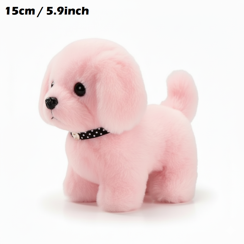 Lyserød plys hundelegetøj med sort prikket halsbånd, 15 cm høj. Blød bamse til børn, perfekt som gave eller dekoration.