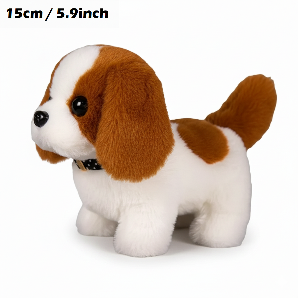 Plyslegetøj hund, 15 cm, brun og hvid, realistisk design, blød pels, børnevenlig, perfekt gave til børn, dekorativt til børneværelse.