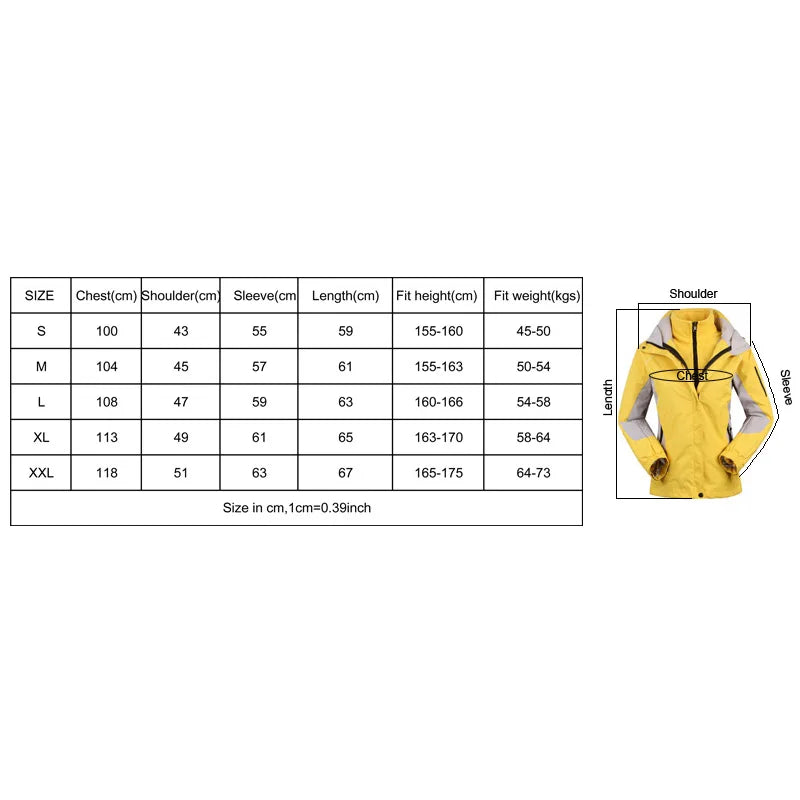 Størrelsesguide for jakke med målinger i cm: bryst, skulder, ærme, længde. Tilgængelige størrelser: S-XXL. Gul jakke vist ved siden af tabellen.