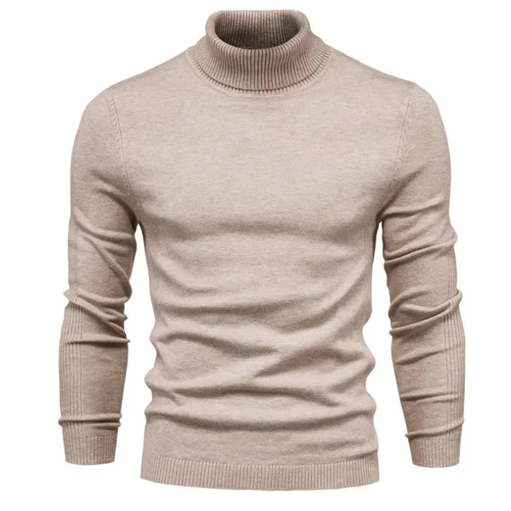 Beige rullekrave sweater til mænd, strikket i blødt materiale. Perfekt til vintermode og casual stil. Komfortabel og stilfuld beklædning.