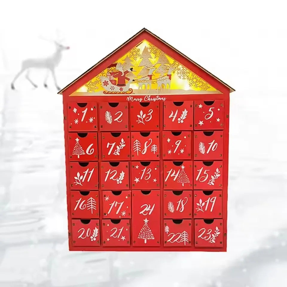 Calendario dell’Avvento in legno con 24 cassetti - Conto alla rovescia natalizio fai da te con illuminazione, 30 x 6,3 x 39 cm