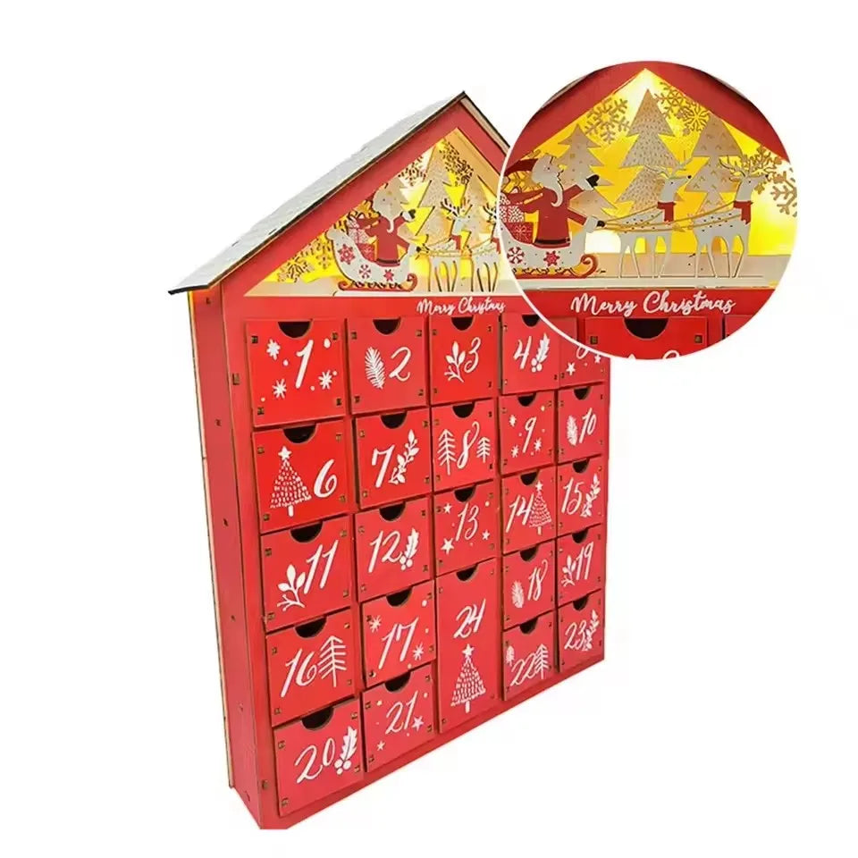 Calendario dell’Avvento in legno con 24 cassetti - Conto alla rovescia natalizio fai da te con illuminazione, 30 x 6,3 x 39 cm