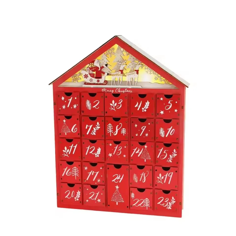 Calendario dell’Avvento in legno con 24 cassetti - Conto alla rovescia natalizio fai da te con illuminazione, 30 x 6,3 x 39 cm