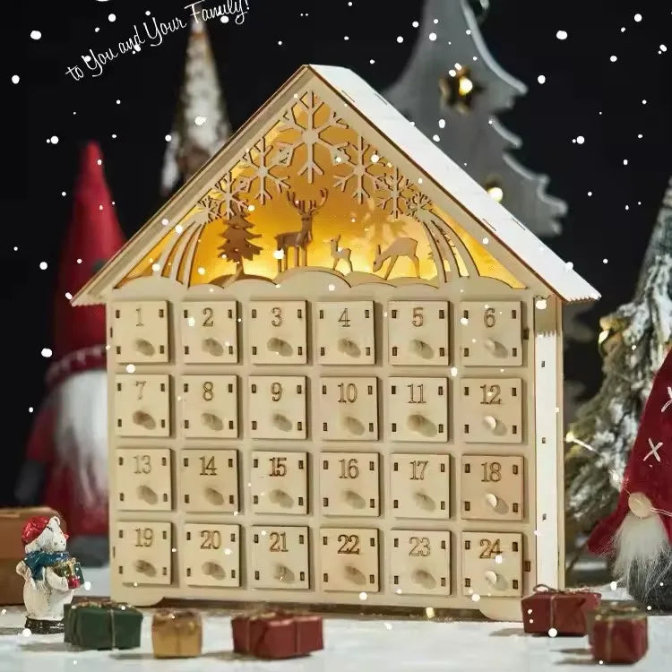 Calendario dell’Avvento in legno con 24 cassetti - Conto alla rovescia natalizio fai da te con illuminazione, 30 x 6,3 x 39 cm