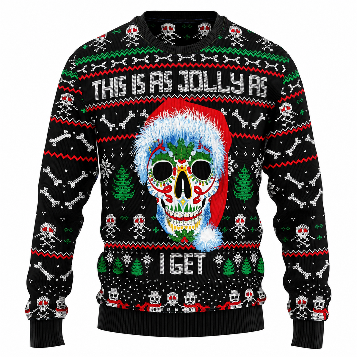 Camisola de Natal unissexo - camisola com motivo de árvore de Natal feita de caveiras, gorro de Pai Natal e flocos de neve