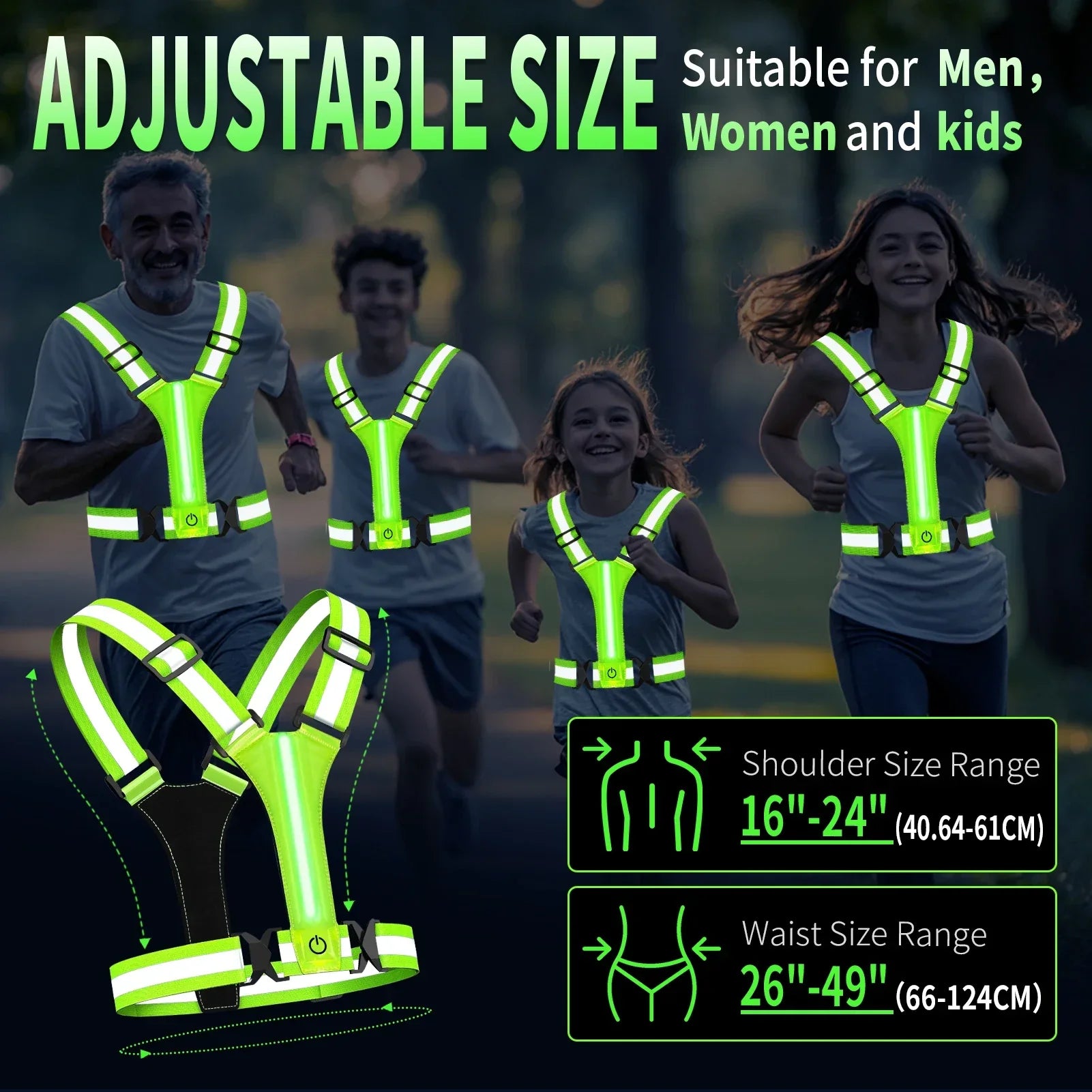 Løbevest med justerbar størrelse, reflekterende sikkerhedsvest til mænd, kvinder og børn. Skulderstørrelse 40,64-61 cm, taljestørrelse 66-124 cm.
