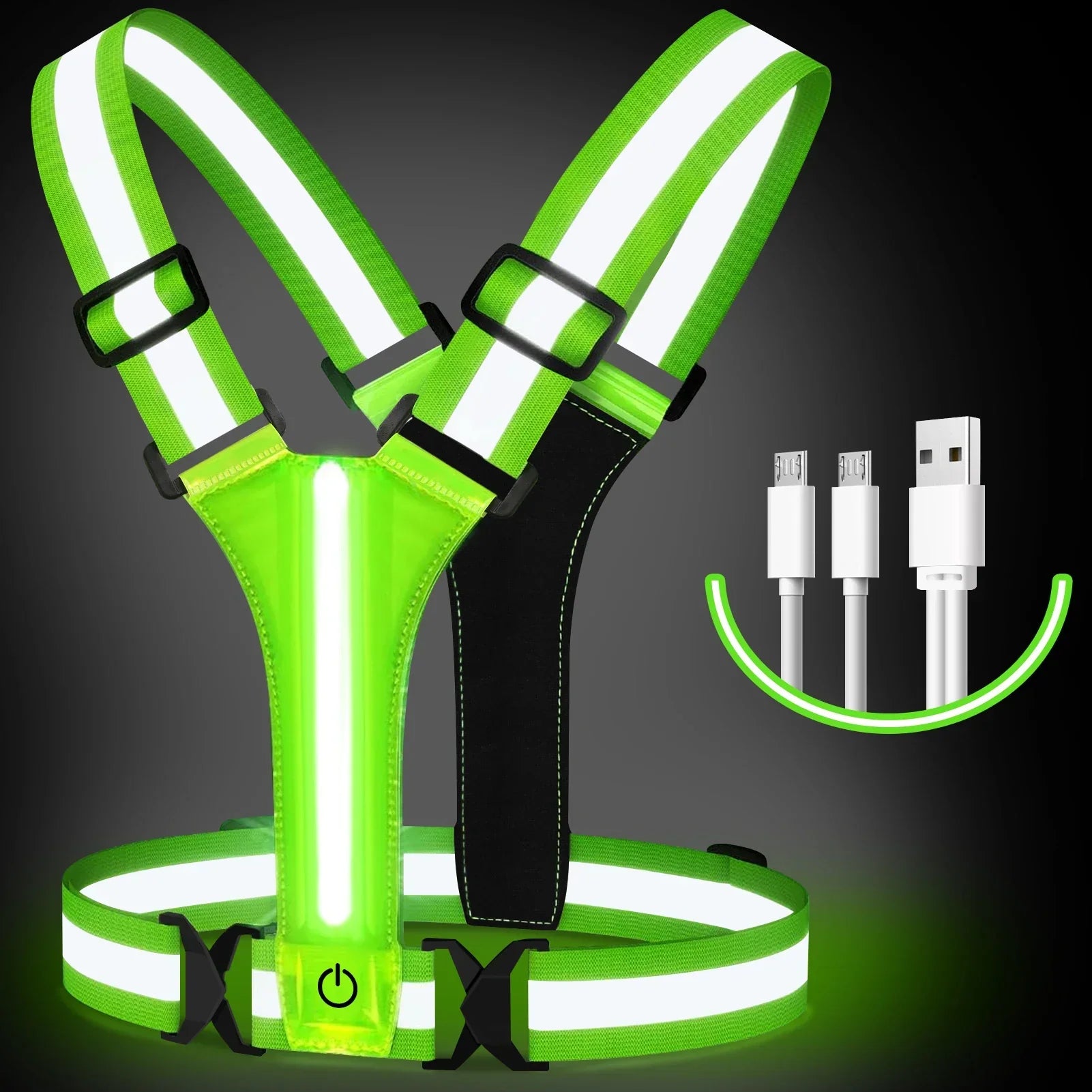 Grøn LED-refleksvest med justerbare stropper og USB-opladningskabel, ideel til løb og cykling i mørke for øget synlighed og sikkerhed.