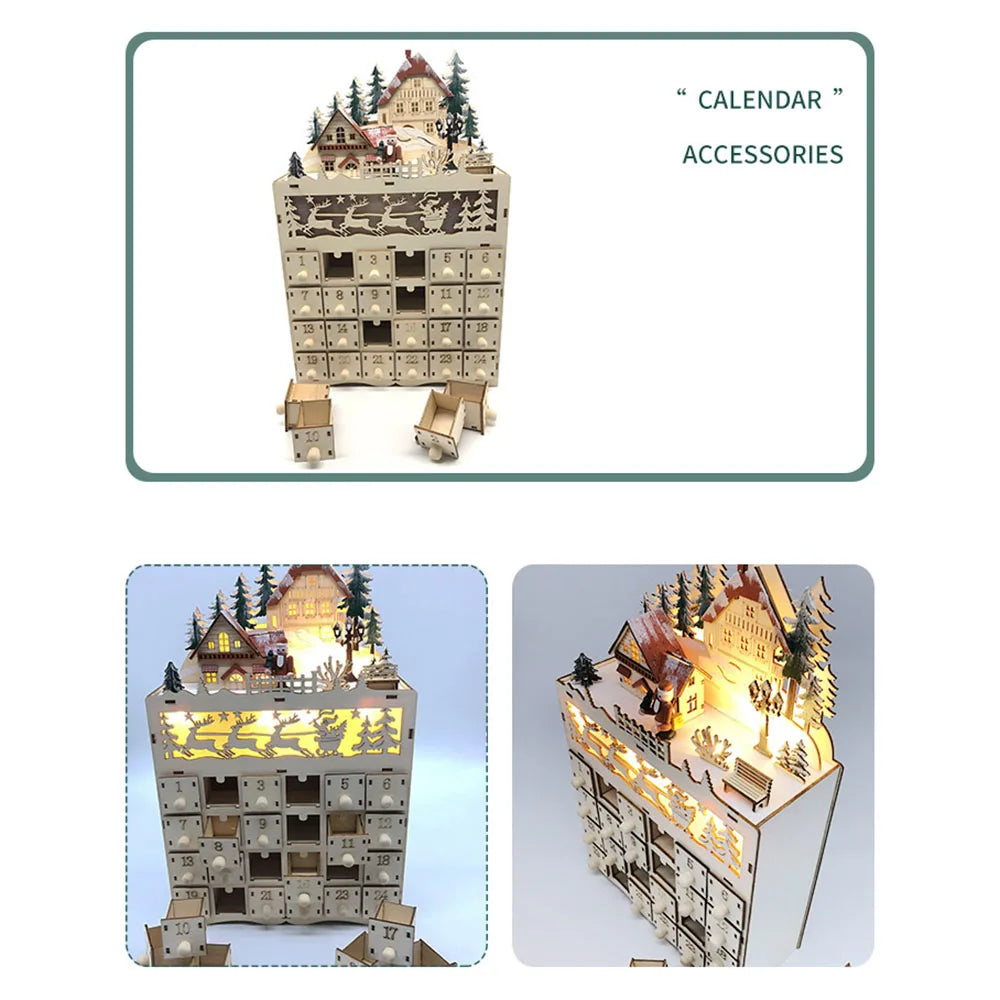 Wooden Advent calendar - 24 compartments with warm LED lights & Christmas atmosphere