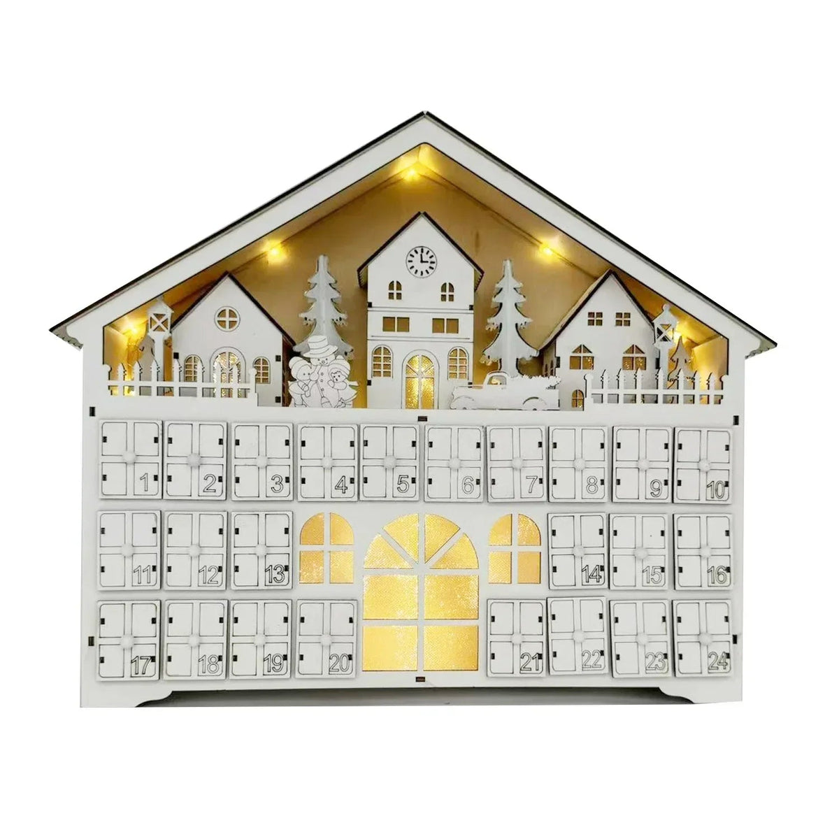Wooden Advent calendar - 24 compartments with warm LED lights & Christmas atmosphere