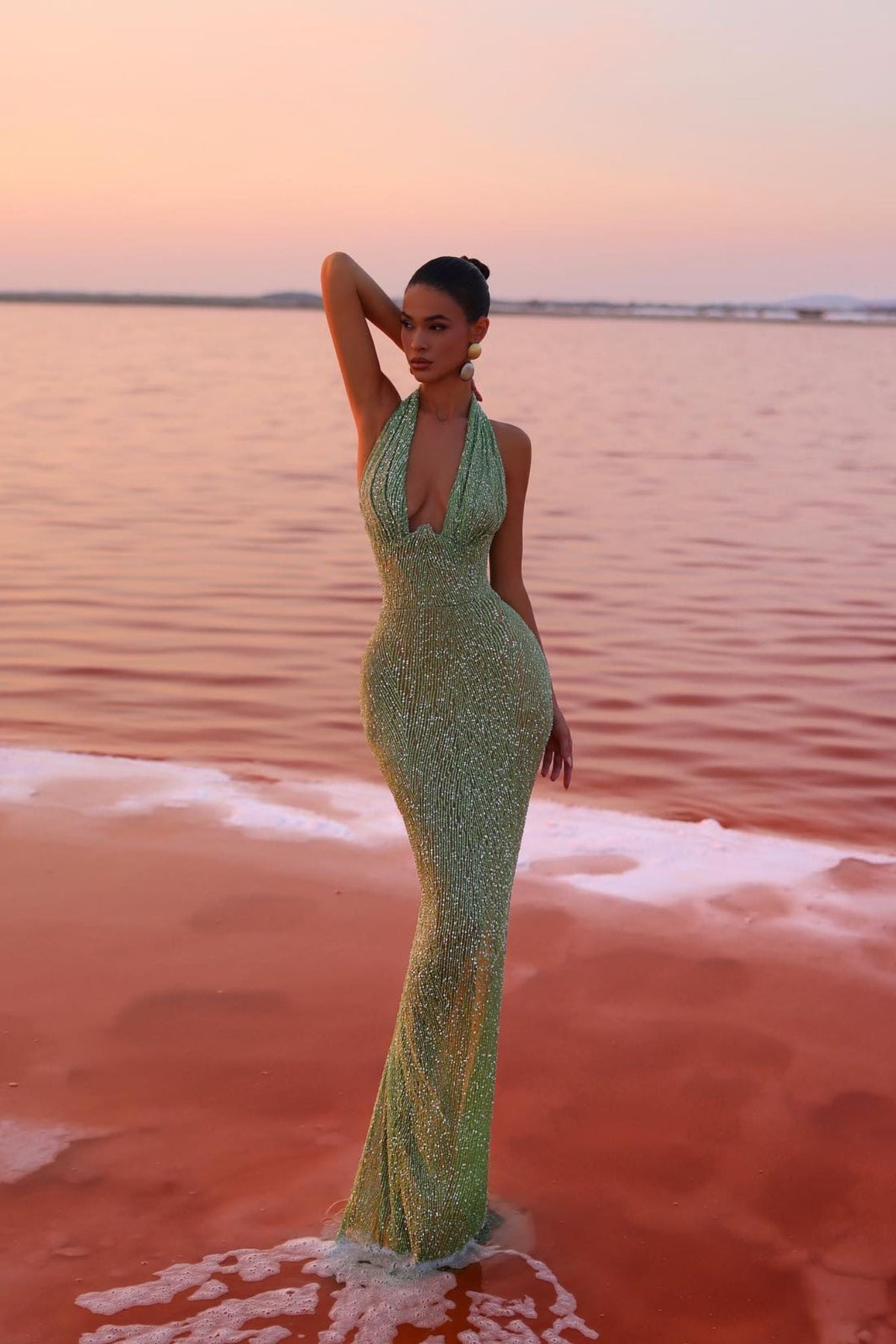 Fitted maxi dress with shimmer and a halter neck for women | Sparkling evening dress for formal occasions and special events